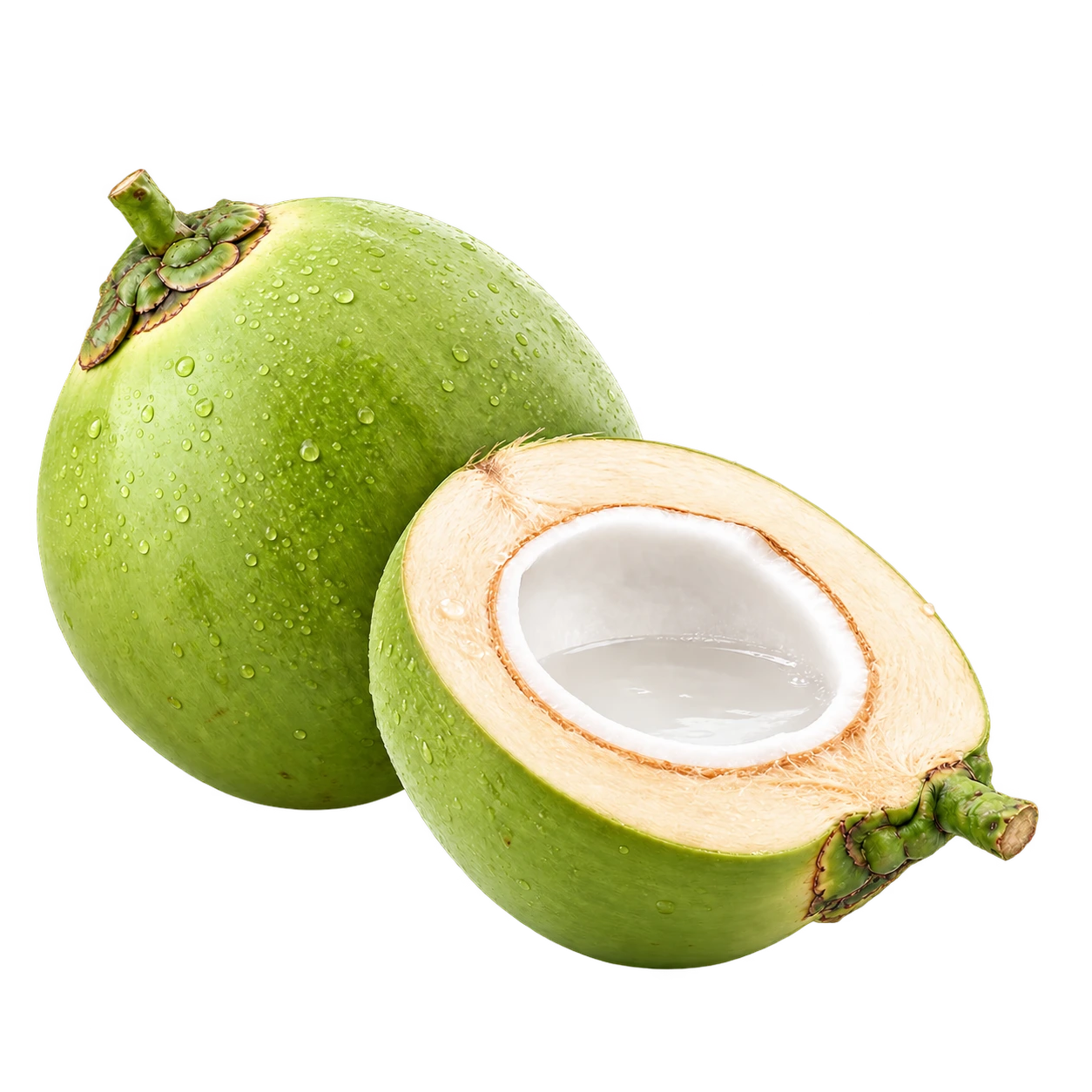 A fresh whole green coconut beside a cut half with tender white flesh and coconut water