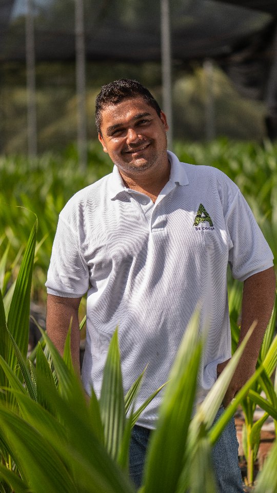 An A de Coco team member among the young palms in our nursery
