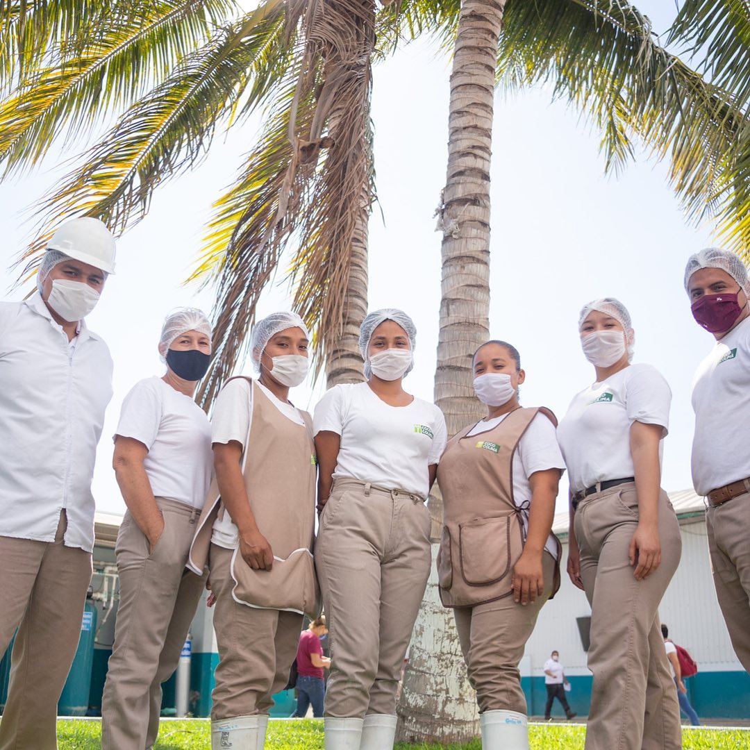 The A de Coco team gathered beneath a coconut palm